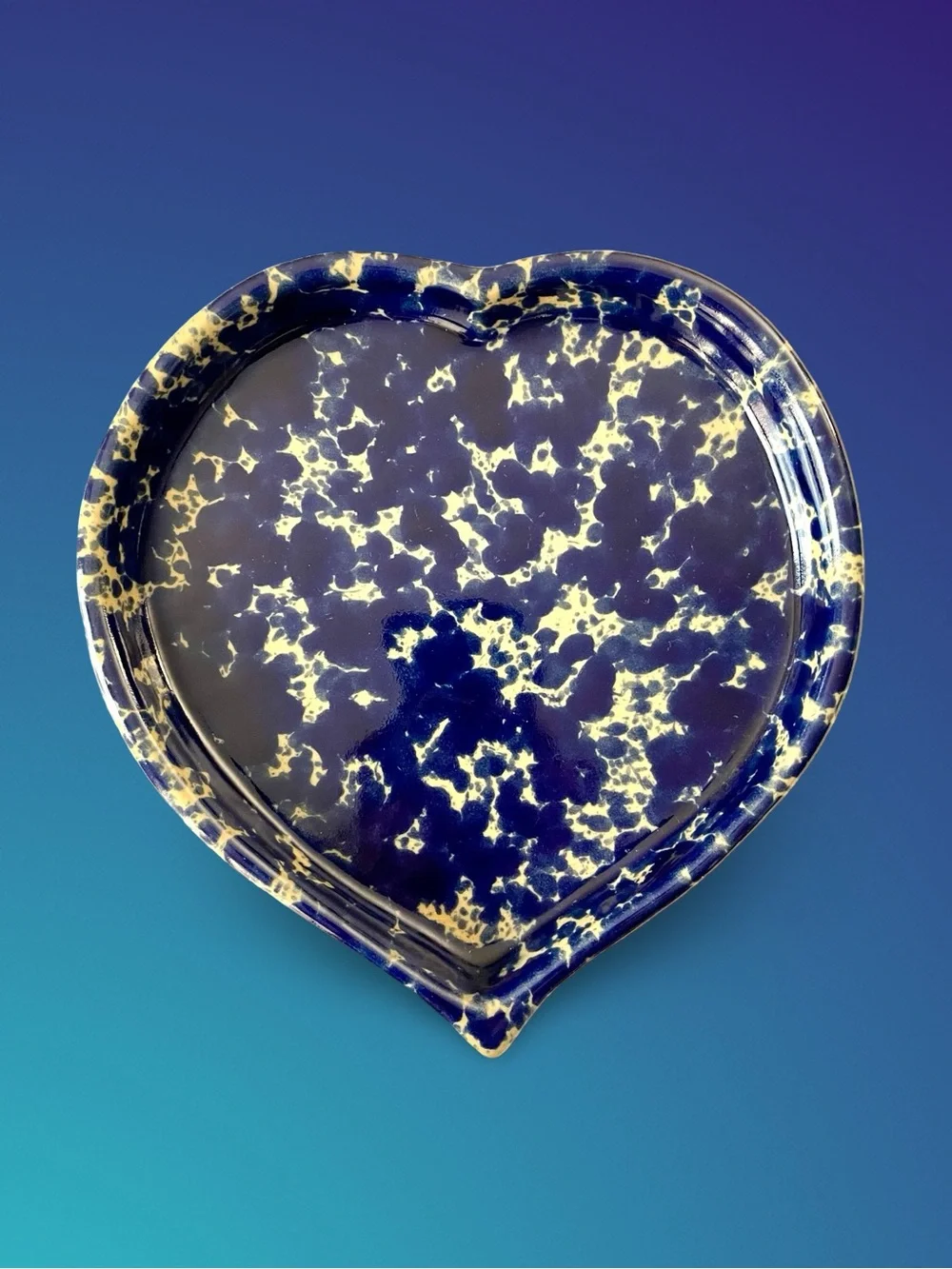 Bennington Potters MCM Spongeware Heart Dish #1950 Blue Agate Glaze, Vermont USA